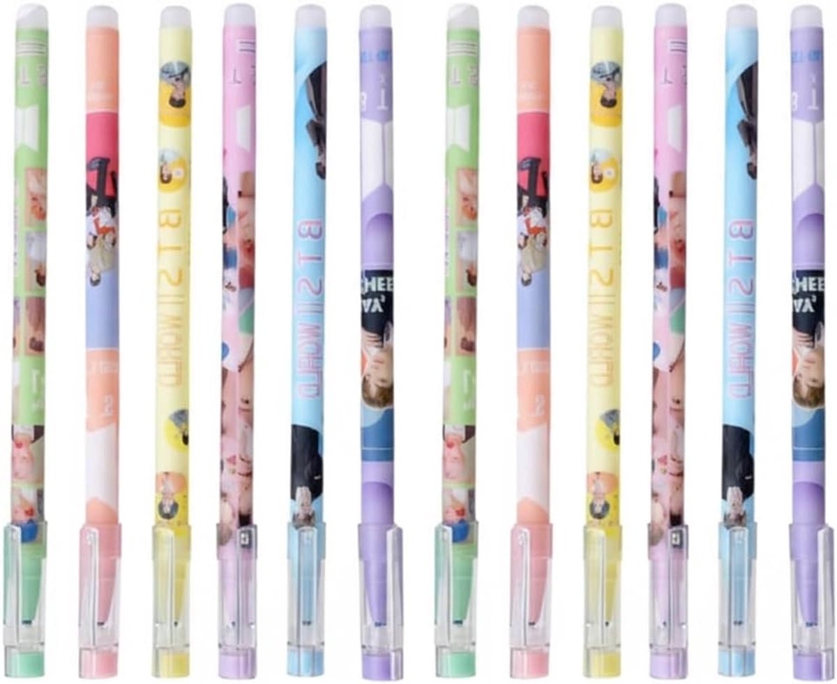 Set van 12 uitwisbare gelpennen met 6 verschillende ontwerpen, perfect voor K-pop fans en creatieve projecten