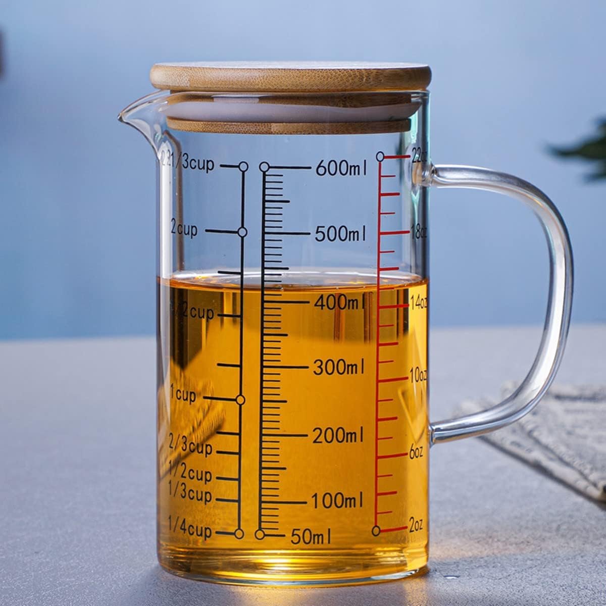 Glazen maatbeker 600 ml - V-vormige tuit - Bamboe deksel - Ideaal voor keuken of restaurant - ShopVlot