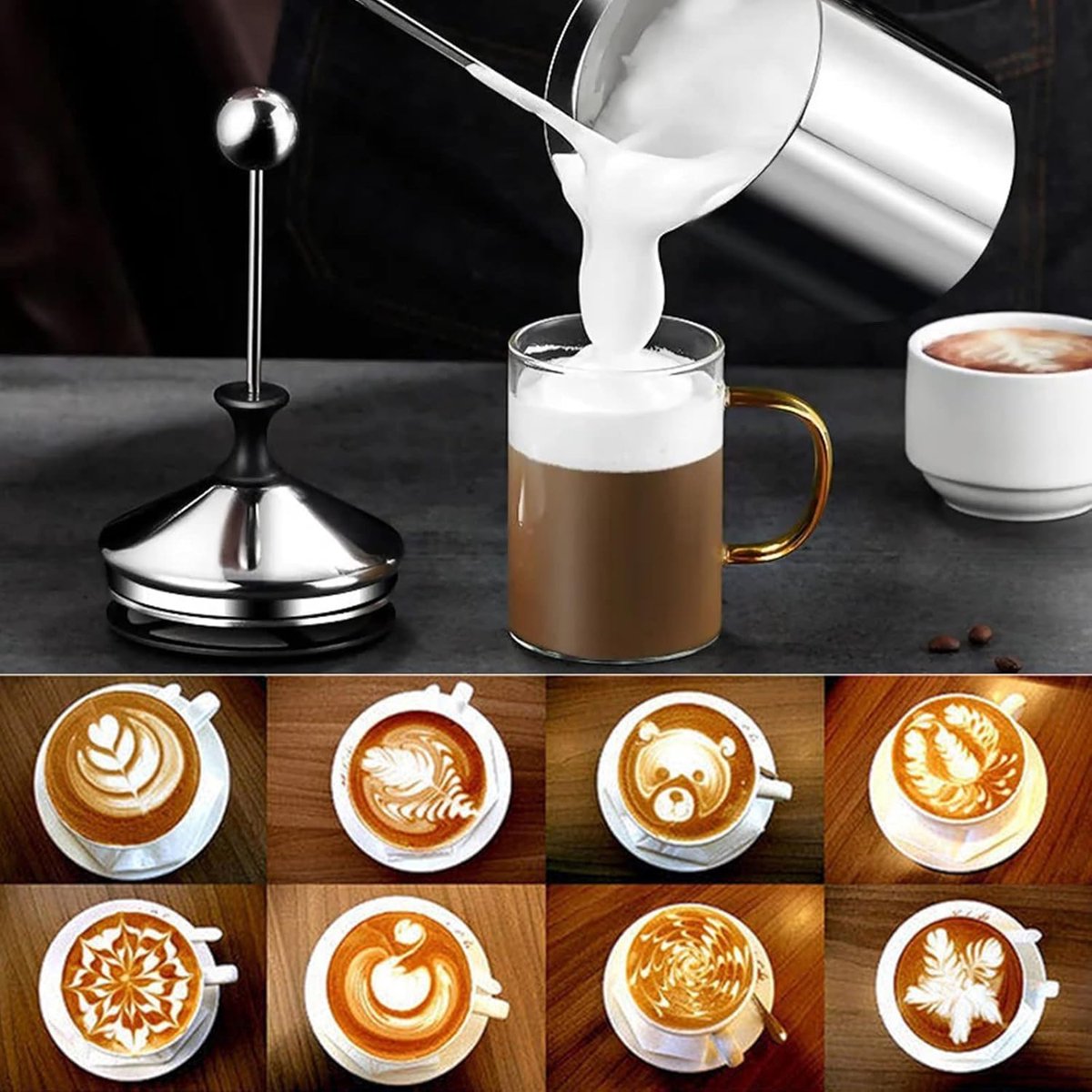 Melkopschuimer handmatig 800ml - roestvrij staal - dubbel gaas - perfect voor cappuccino - ShopVlot