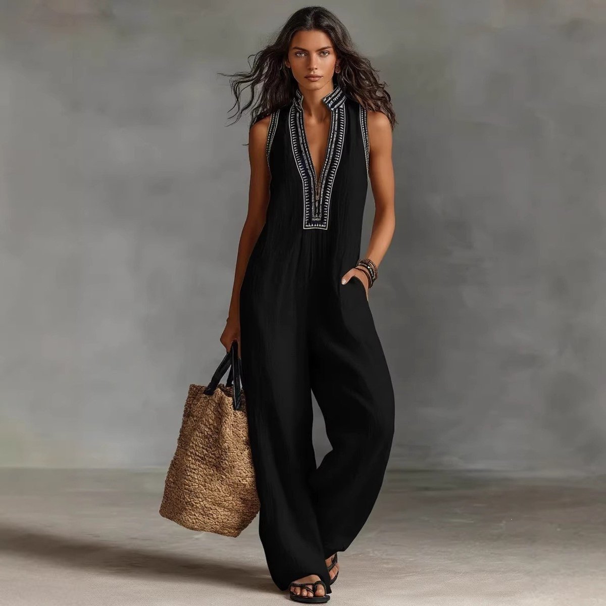 Eenvoudige mouwloze jumpsuit, linnenmixstof, ritssluiting, opstaande kraag, wijde pijpen – een casual jumpsuit, ideaal voor woon-werkverkeer – zwart – maat XL