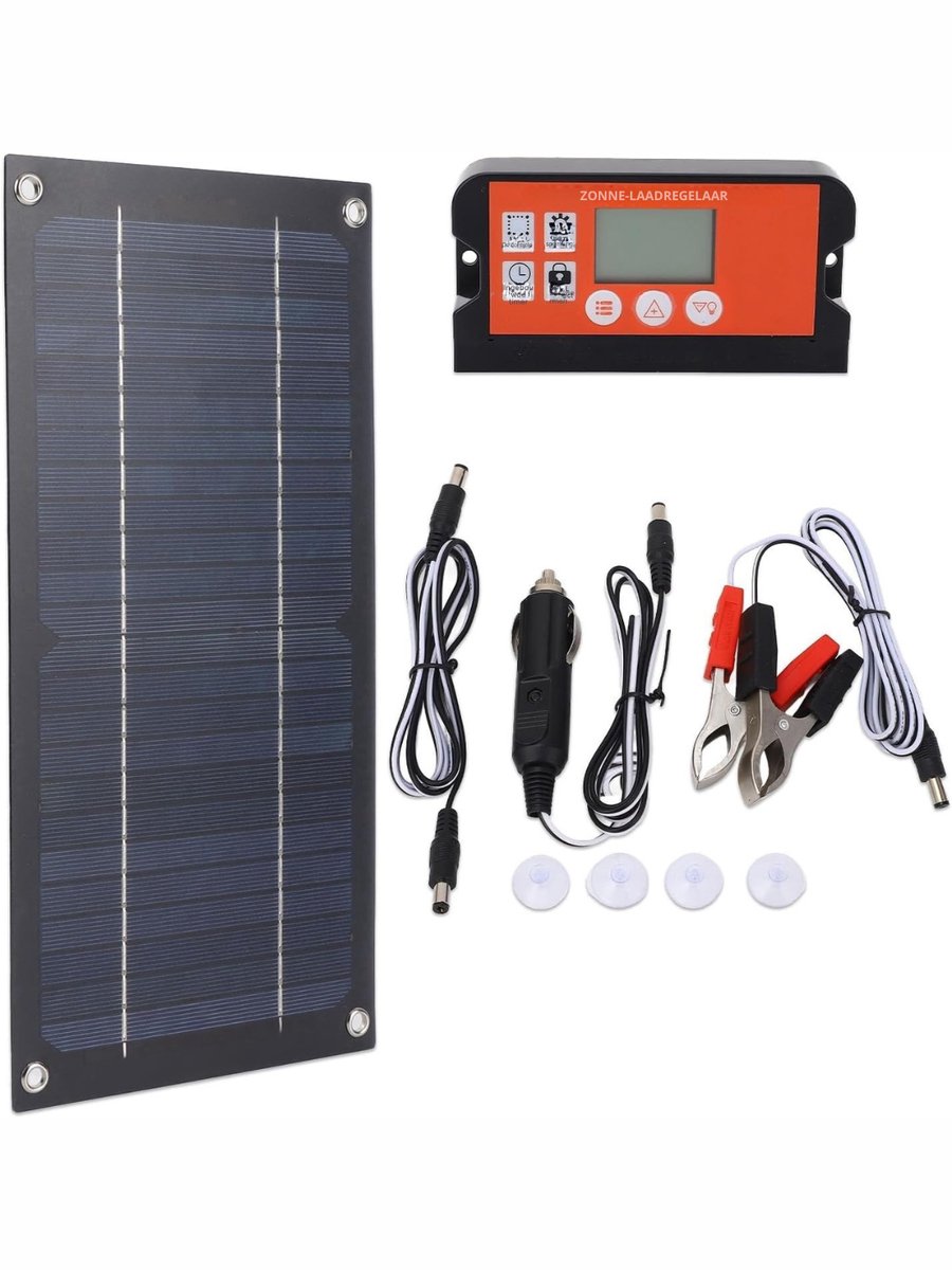 Allvia® Zonnepanelen Compleet Pakket - Zonnepanelen - Zonnepanelen met Stekker - met Verlengkabel en Batterijclip - Hoge Efficiëntie - Zwart - 35cm x 22cm x 2cm
