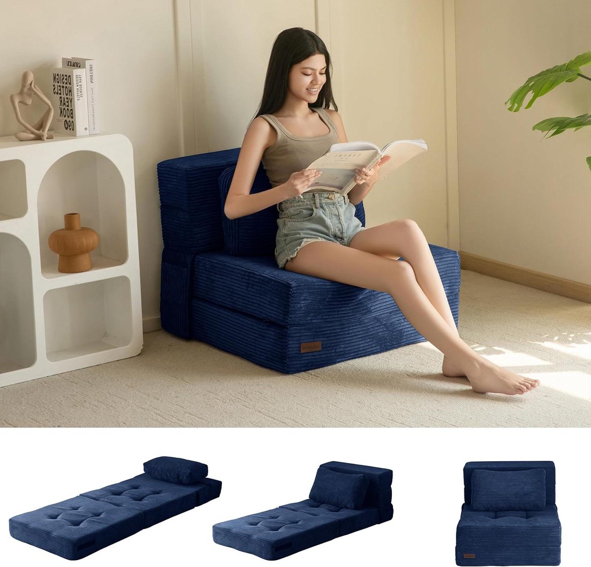 Opvouwbare slaapbank - Driepersoons futon - Compact wonen - 3-in-1 functie - 75 x 71 x 60 cm - Donker Blauw