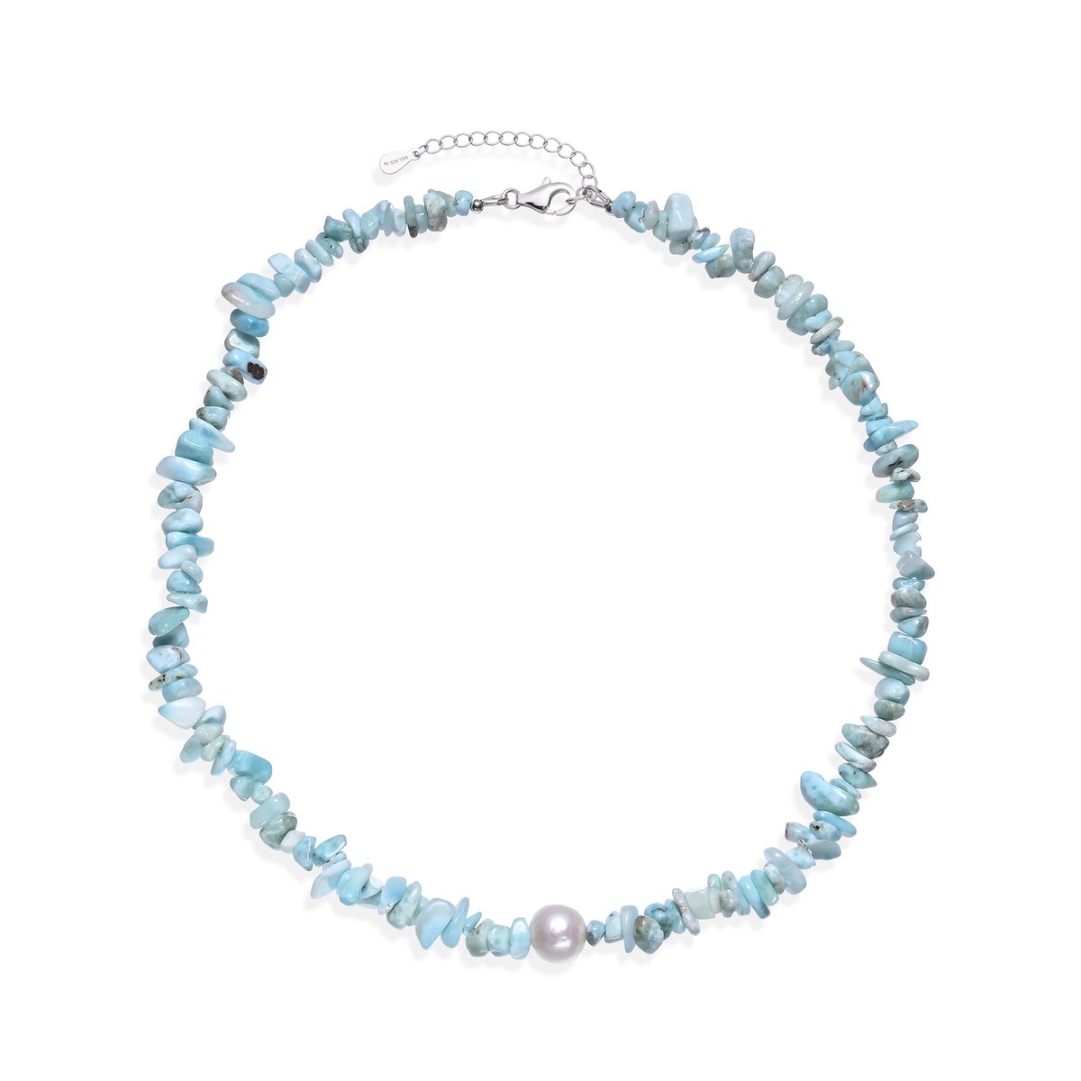 Cavill - 925 Sterling Zilveren Halsketting - Witte Zoetwaterparel 11mm & 1,50 ct Larimar - Verstelbare Boho Edelsteen Sieraden Dames
