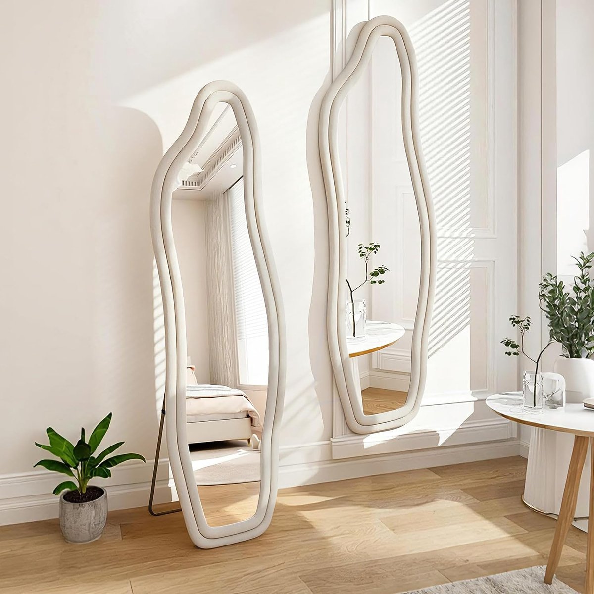 Bogen Volledige spiegel 160 x 50 cm - gebogen staande spiegel met standaard - asymmetrische gebogen vloerspiegel - wandspiegel van gehard glas voor slaapkamer - woonkamer - garderobe (wit - 160 x 50 cm)