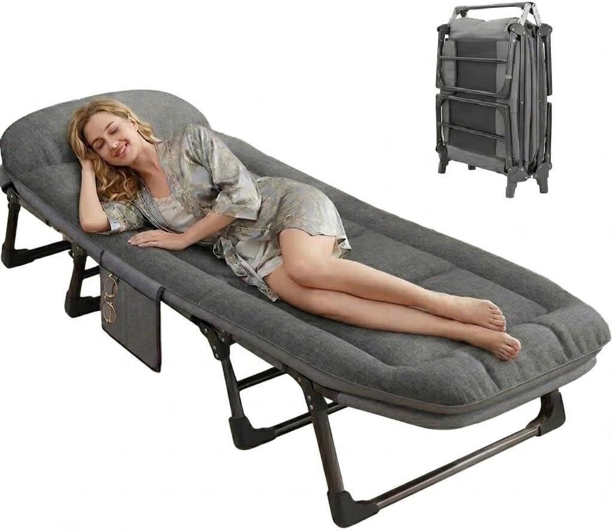 Campingbed met Matras - Opklapbed Veldbed - Kamperen Logeren - Versterkte 8-poots Constructie - 190x66x30 cm - Grijs