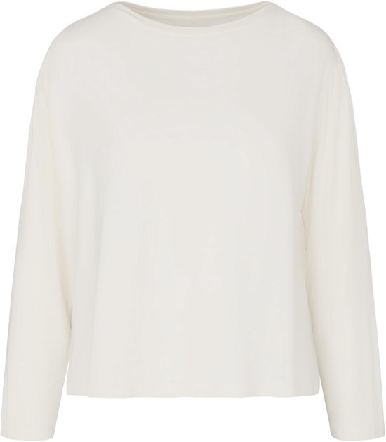 Effen wit jersey pyjamashirt met lange mouwen en een wijde hals, vooraanzicht.