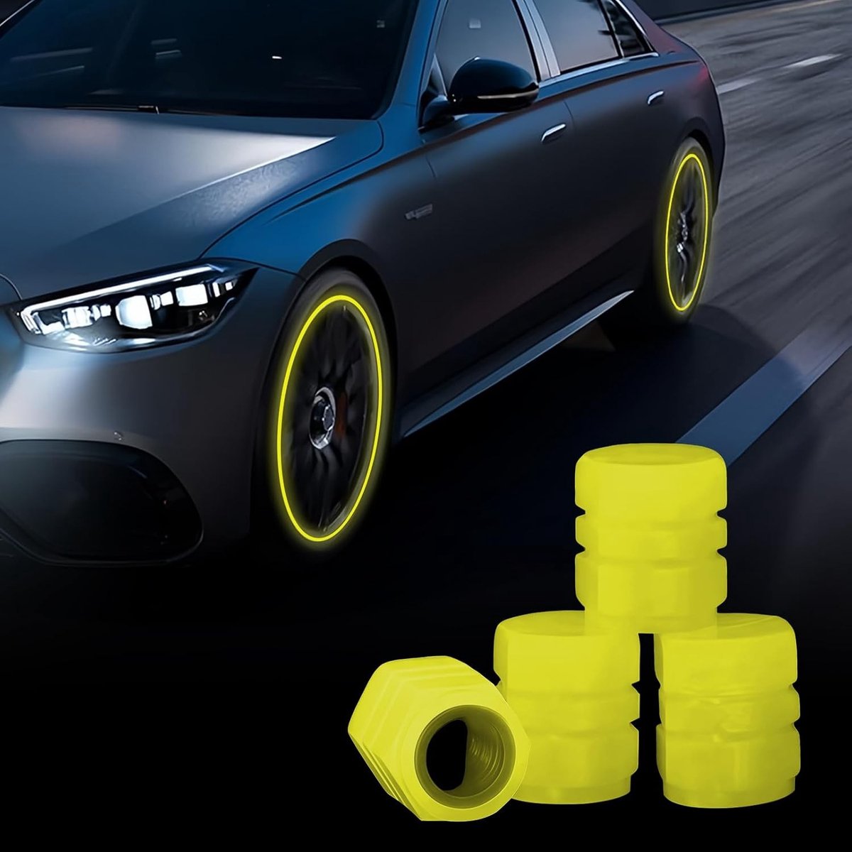 Set van 4 Verlichte Ventieldoppen voor Auto- en Fietstires, Fluorescerende en Luminous Ventieldoppen, Universele Ventieldoppen voor Motoren en Bicycles, Geel
