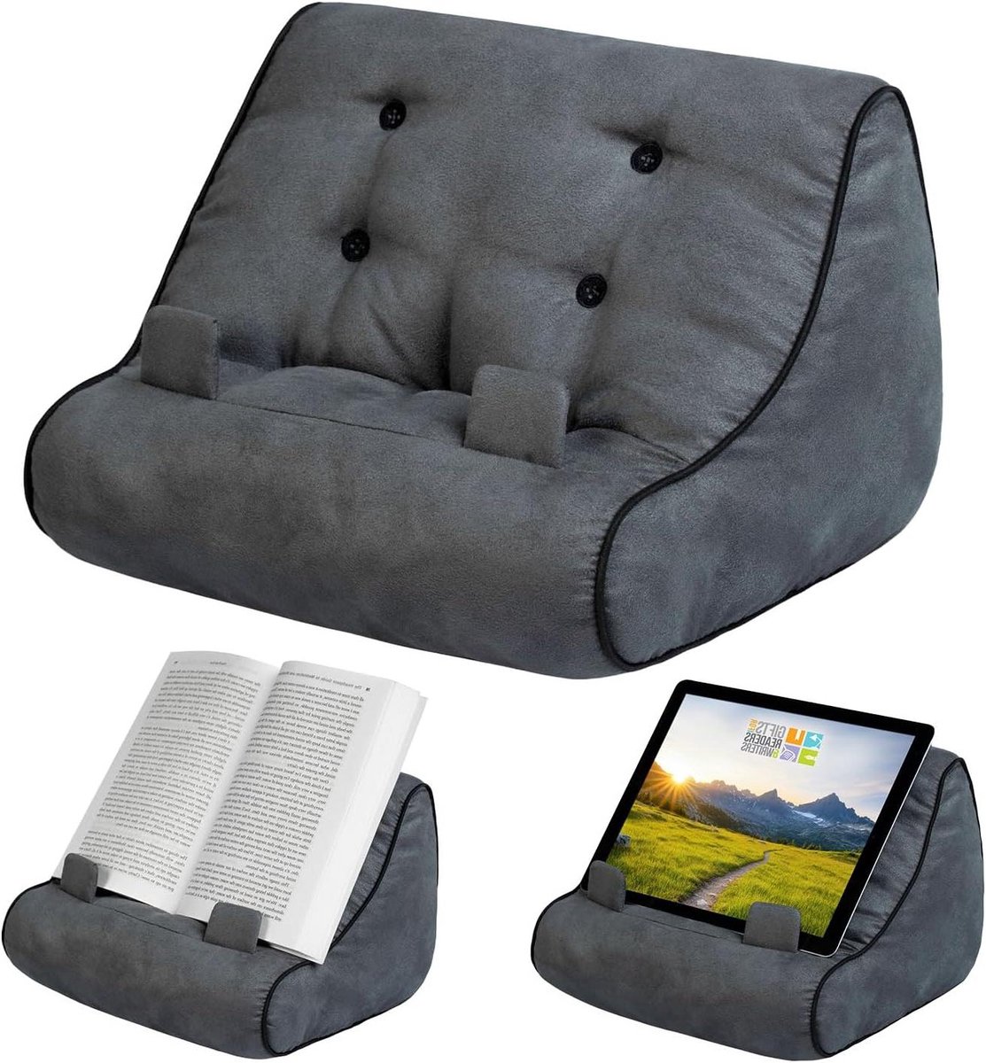 Leeskussen Tablet Houder - Boek standaard - Comfortabel Lezen - Met Opbergvakken - 25 x 30 x 30 cm - Grijs