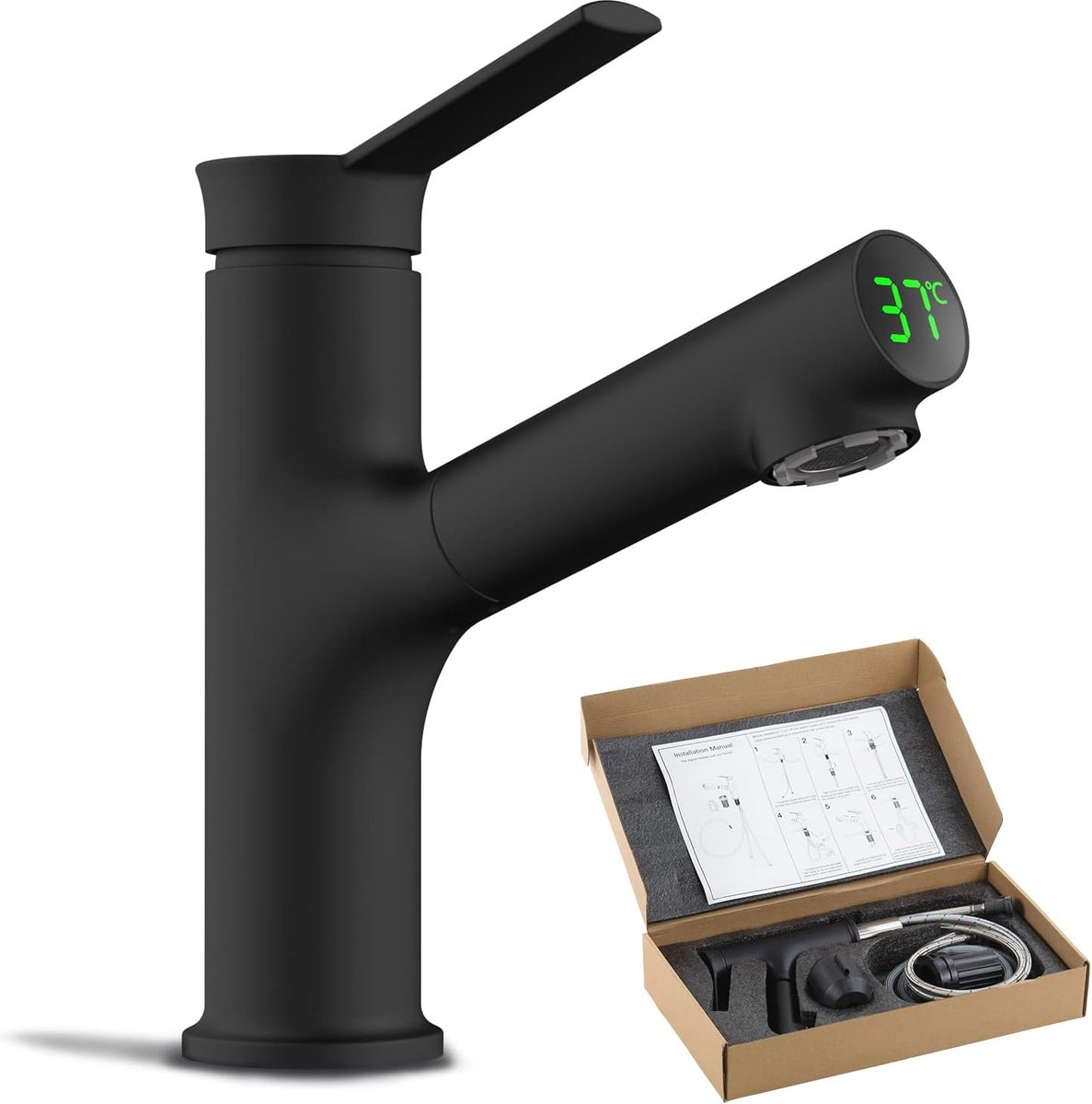 Badkamerkranen zwart met pull-down sproeier, badkraan met LED-temperatuurweergave, enkele handgreep modern toilet warm - ShopVlot