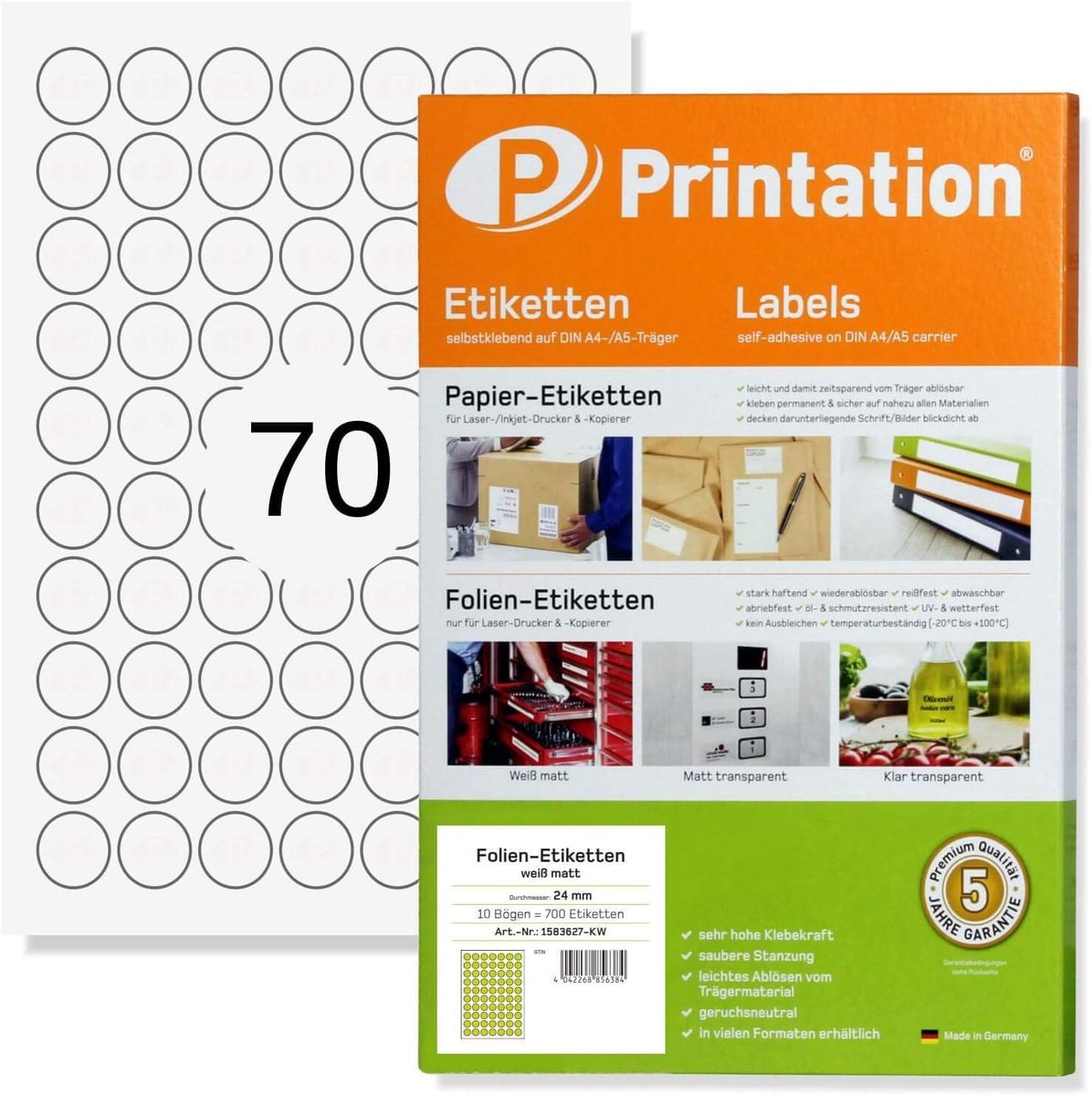 Folie-etiketten rond 24 mm - mat wit - waterdicht en sterk zelfklevend - ideaal voor laserprinters - ShopVlot