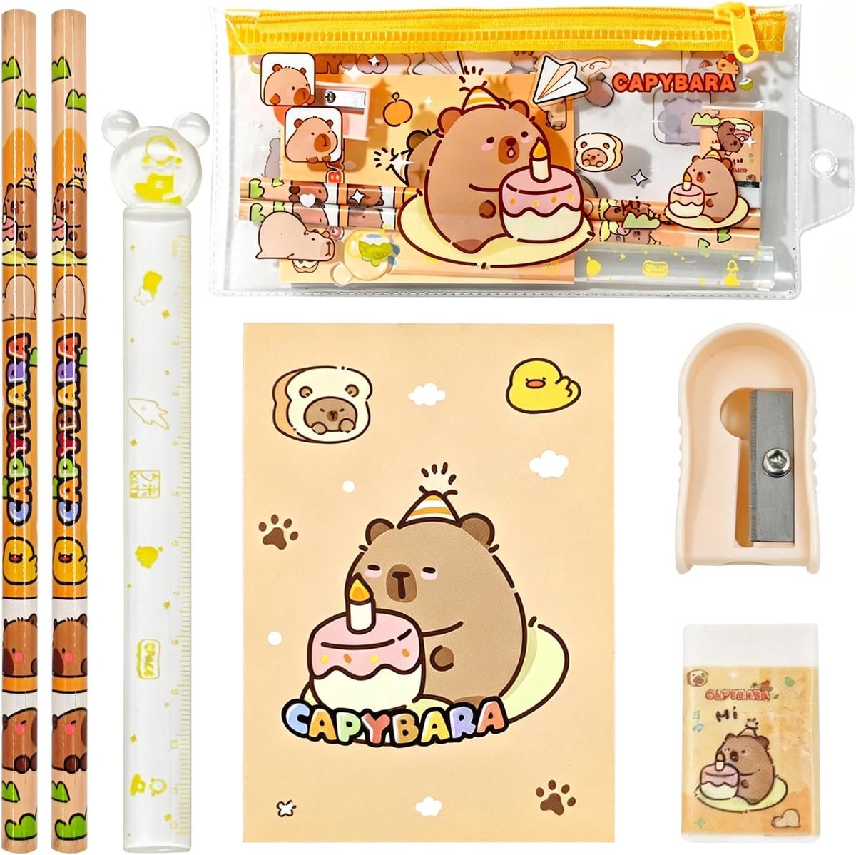 Complete Schattige Stationery Set met Liniaal, Potlood, Notitieboek, Gum en Slijper voor Kantoor en Schoolgebruik