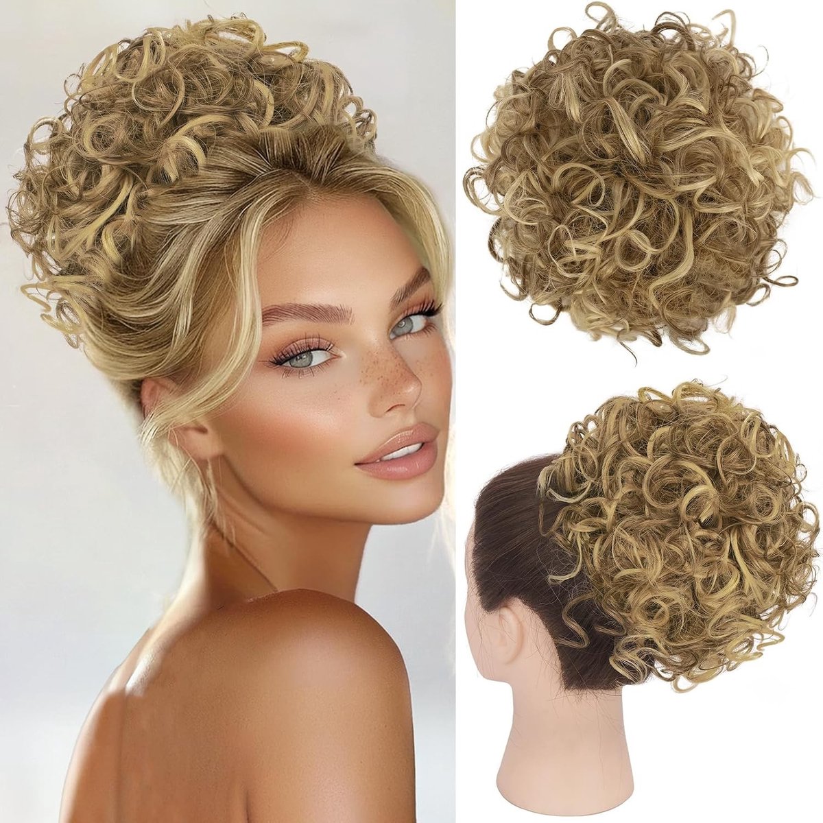 Messy Bun Korte Krullende Ponytail Extension met Elastisch Koord voor Vrouwen - Losse Updo Haarstuk (80g Licht Asblond Mix)
