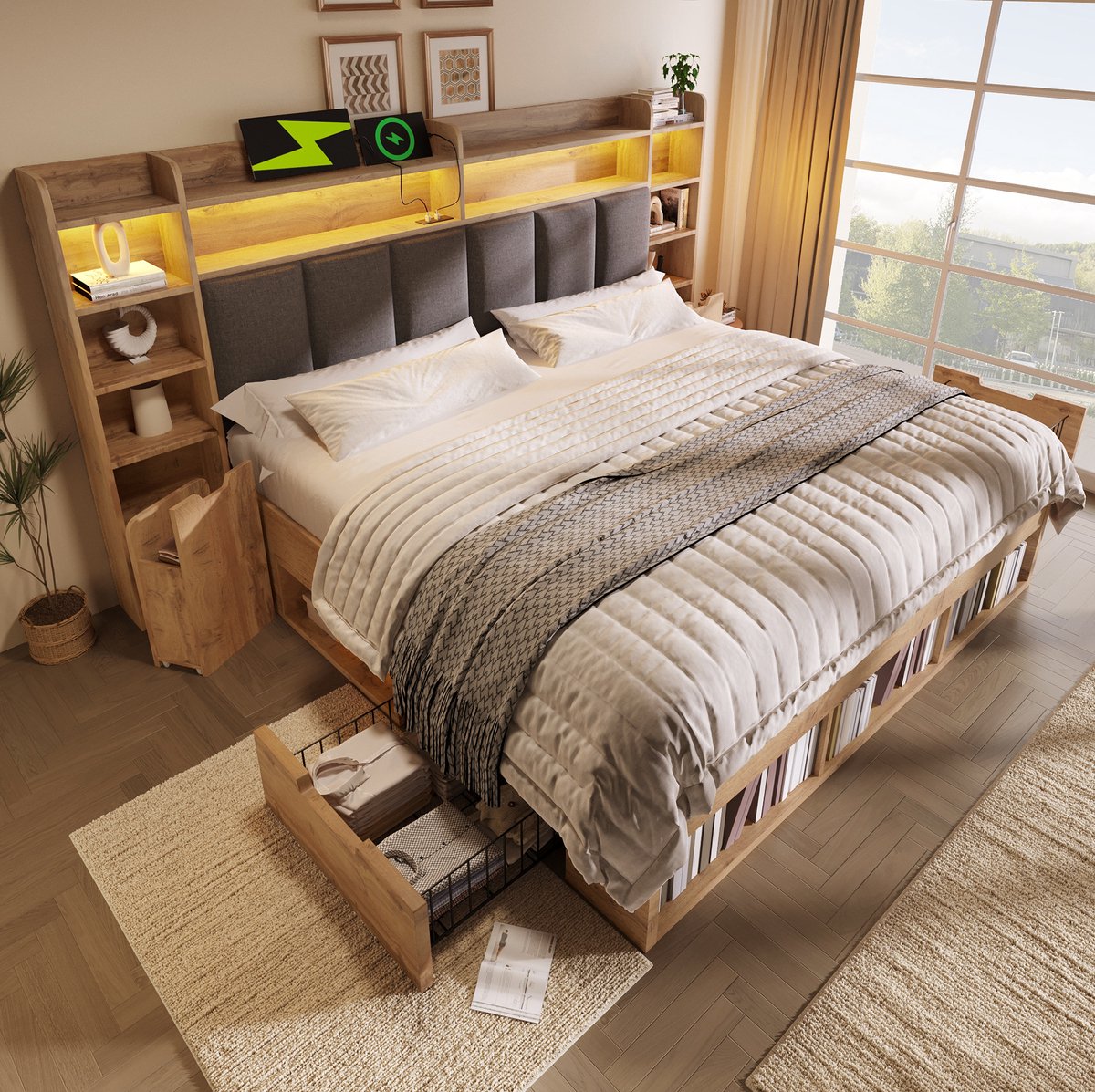 Wishdor Tweepersoonsbed 180x200 cm - Led verlichting - Opbergruimte en rollschubladen - Met usb- en usb-c-aansluitingen - Eikenkleur - 219x248x116 cm