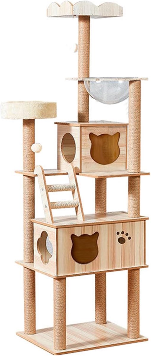 Kattenboom 190 cm Naturel met Krabpaal en Kattenhuisje - Grote Kattentoren voor Meerdere Katten en Grote Rassen