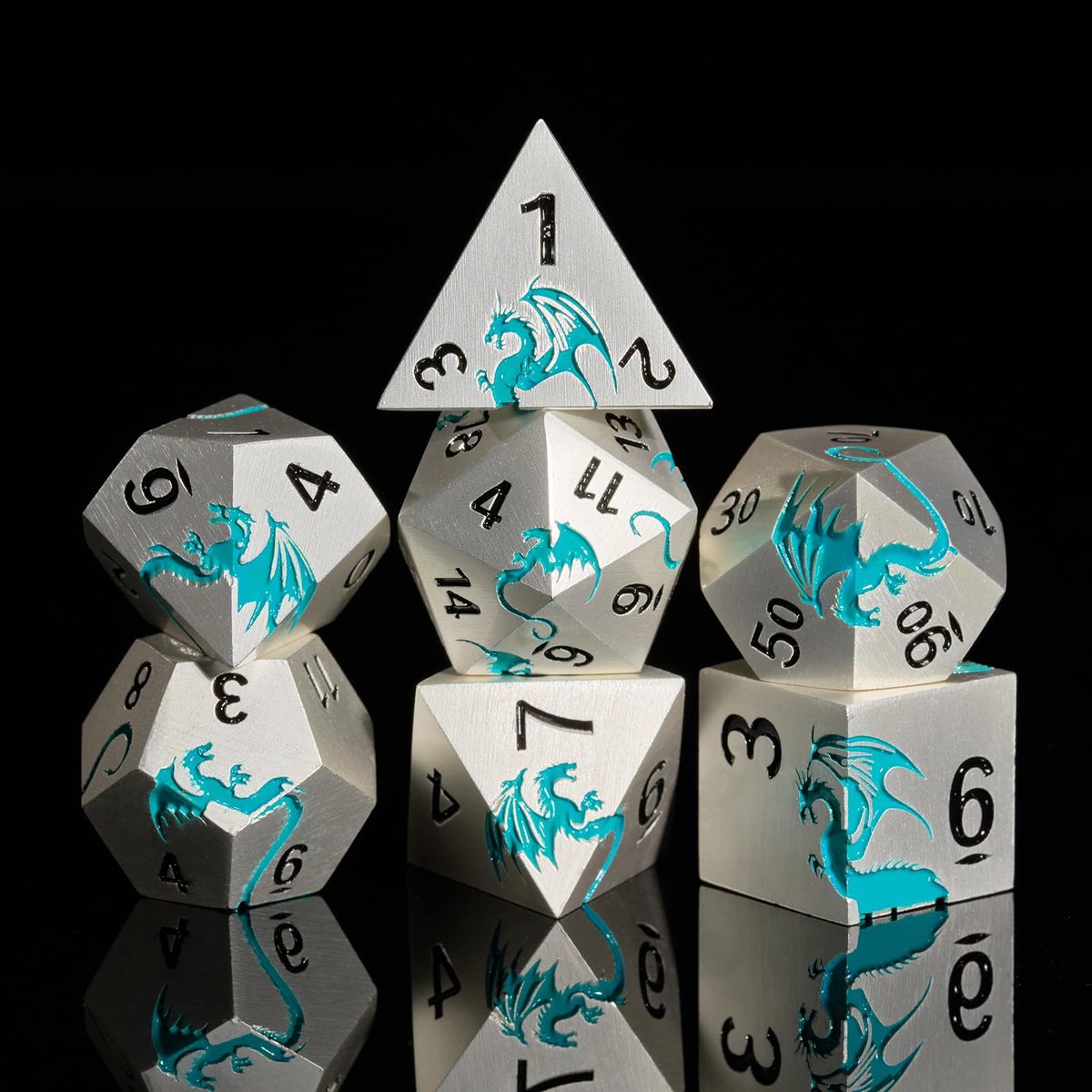 DND dobbelstenen set - 7 stuks mat zilver blauw - draak en kerkers design - voor spannende tafelspellen - ShopVlot