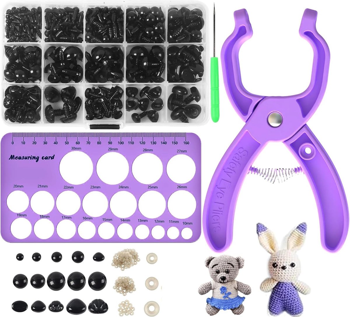 Complete Set Veiligheidsogen voor Haakdieren, 566 Stuks Veiligheidsogen & Neusjes 10-30 mm, Inclusief Pincet, Maatvoering & Haakaccessoires voor Amigurumi, Popogen, Knopenogen en Gevuld Dier Speelgoed, DIY Creaties