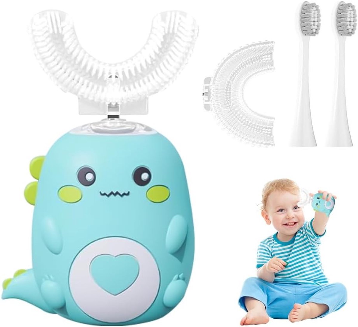 Dino elektrische tandenborstel voor kinderen met 2 U-vormige silicone borstels en LED-verlichting