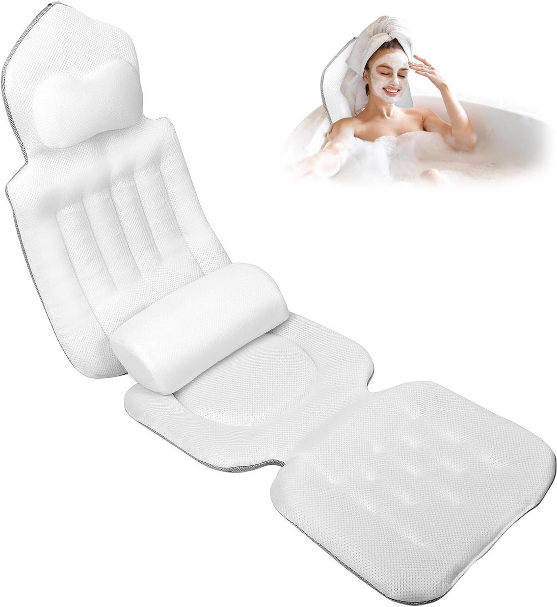 Badkussen met Lendekussen - Badkussen set - Ontspannen in bad - 144 zuignappen - 133x41 cm - Wit