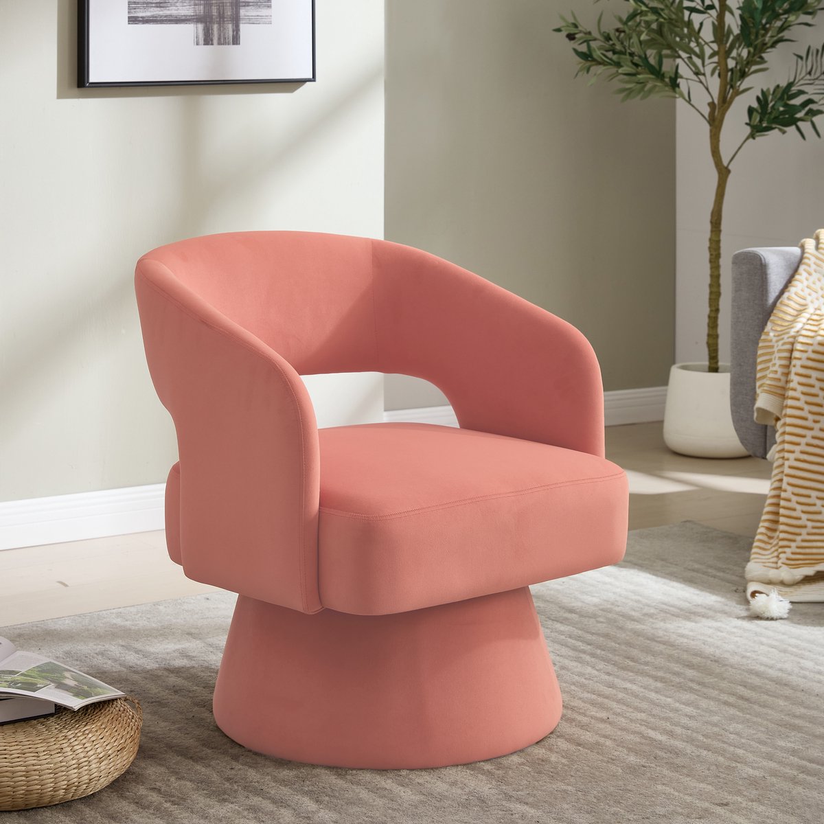 Wishdor Fauteuil draaibaar 360 graden - Fluwelen stoel met armleuningen en metalen draaivoet - Modern - Woonkamer slaapkamer kantoor - Roze - 68 x 66 x 75 cm
