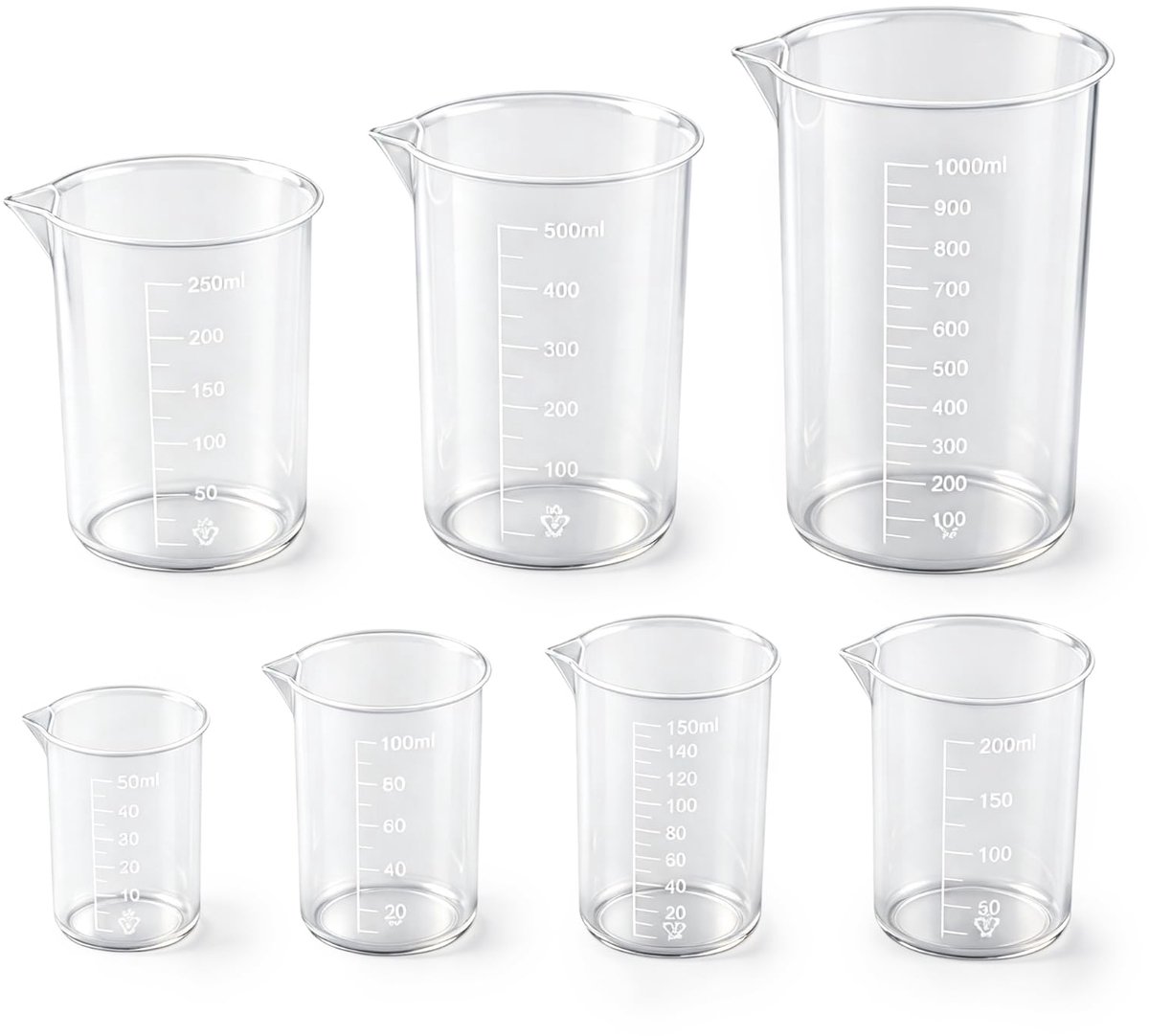 Maatbekers glas set van 7 - 50-1000 ml - heldere uitvoering - ideaal voor nauwkeurig meten - ShopVlot