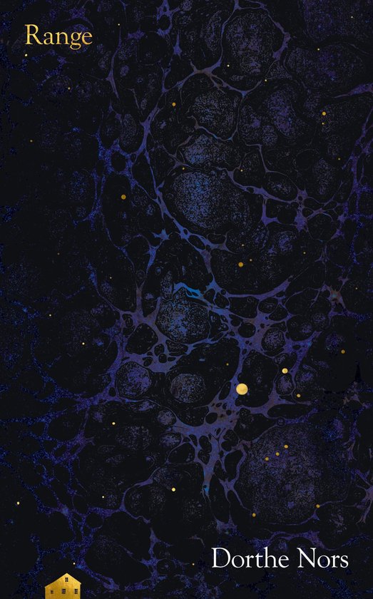 Boekomslag van 'Range' door Dorthe Nors, met een donkerblauwe, marmerachtige achtergrond met paarse lijnen en gele stipjes.