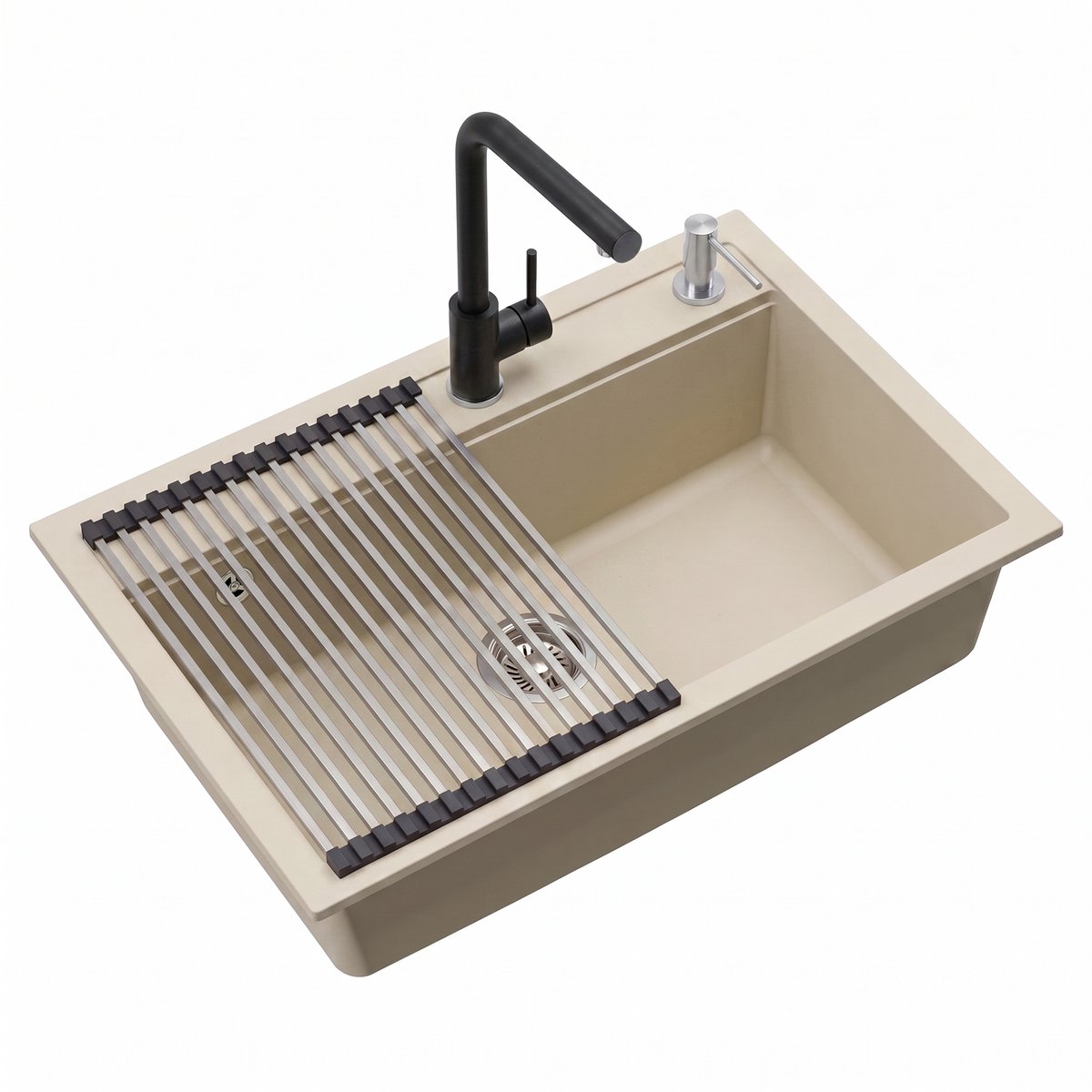 Inbouw granieten spoelbak Gurari SQQ103-113W – Crème, incl. sifon, 795 × 505 mm, enkele spoelbak + 5553E2 Roestvrijstalen keukenkraan, zwart + RM-2845 Oprolbare afdruipmat, siliconen + roestvrij staal, 285 × 450 mm