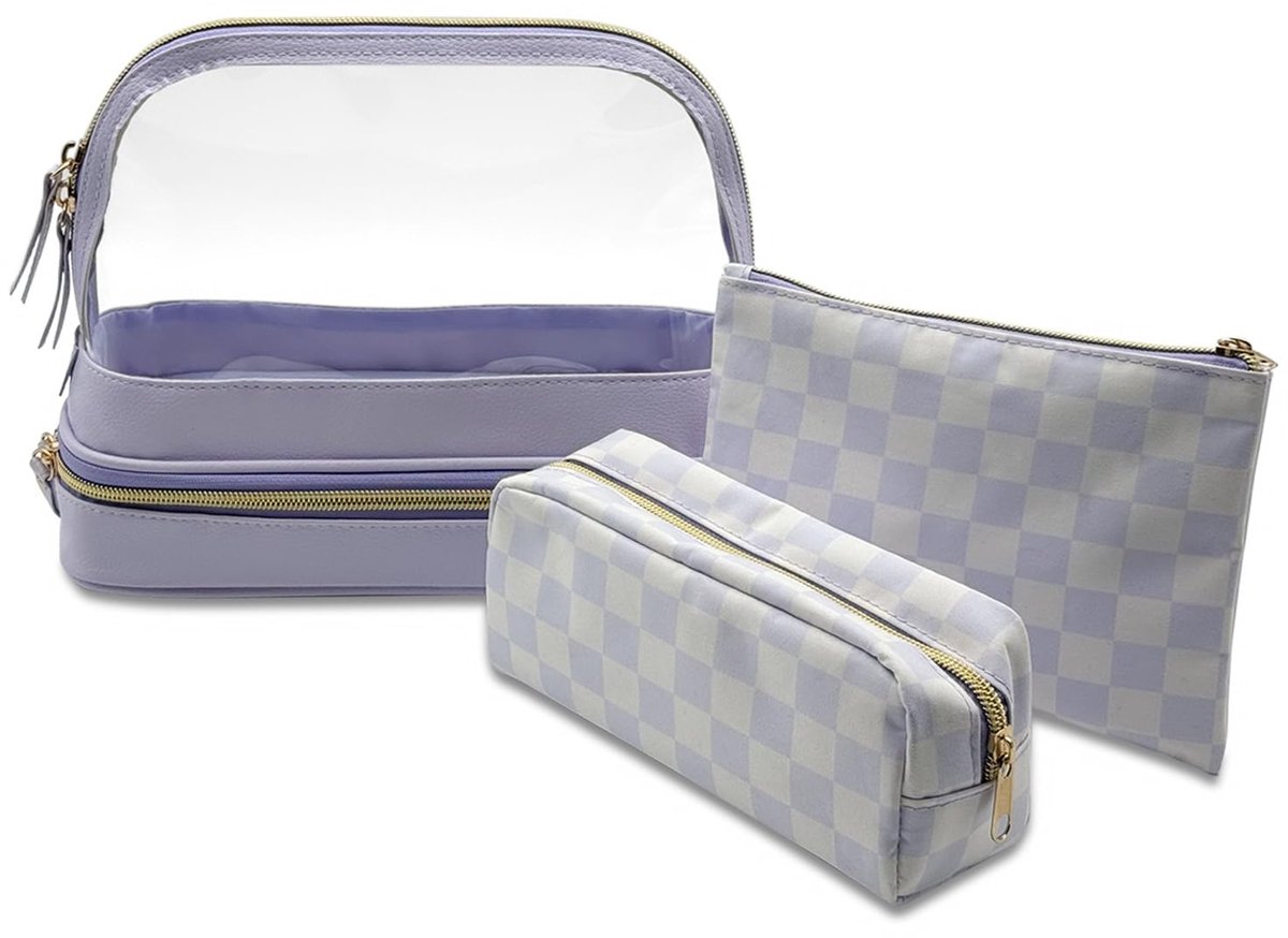 Make-uptas 3 Pack - Dubbellaagse Transparante Cosmetische Tasorganizer - Paars - Ideaal voor onderweg - ShopVlot