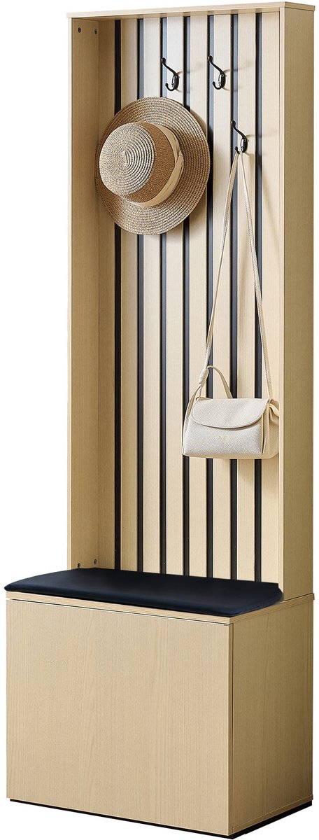 Merax Halmeubel met Zitbank en Schoenenkast - 61 x 35 x 179,5 cm - Lichte Houtkleur - 4 Kapstokhaken - Schoenenopberging