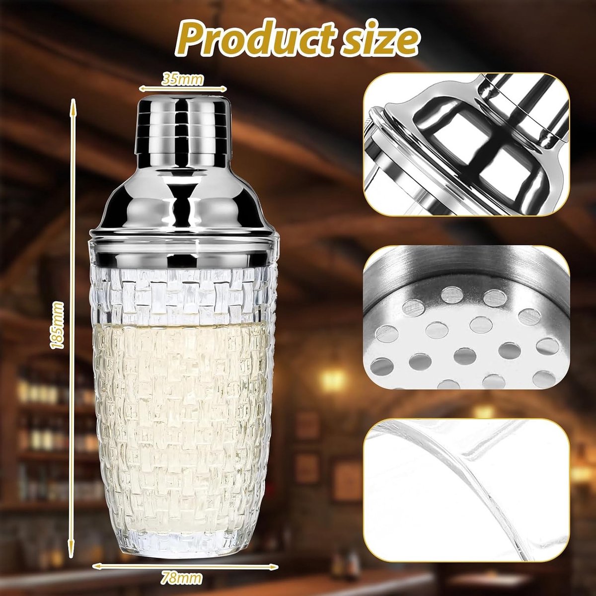 Cocktailshaker Set - Zilver - 400 ml - Glazen Cocktailshaker met Roestvrijstalen Deksel - Voor Thuisgebruik