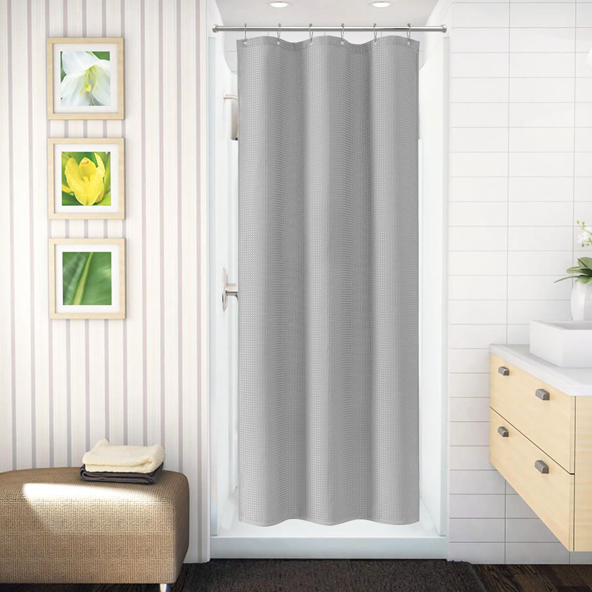 Douchegordijn waterdicht 92 x 182 cm - wafelstof lichtgrijs - anti-schimmel - ideaal voor douchecabine - ShopVlot