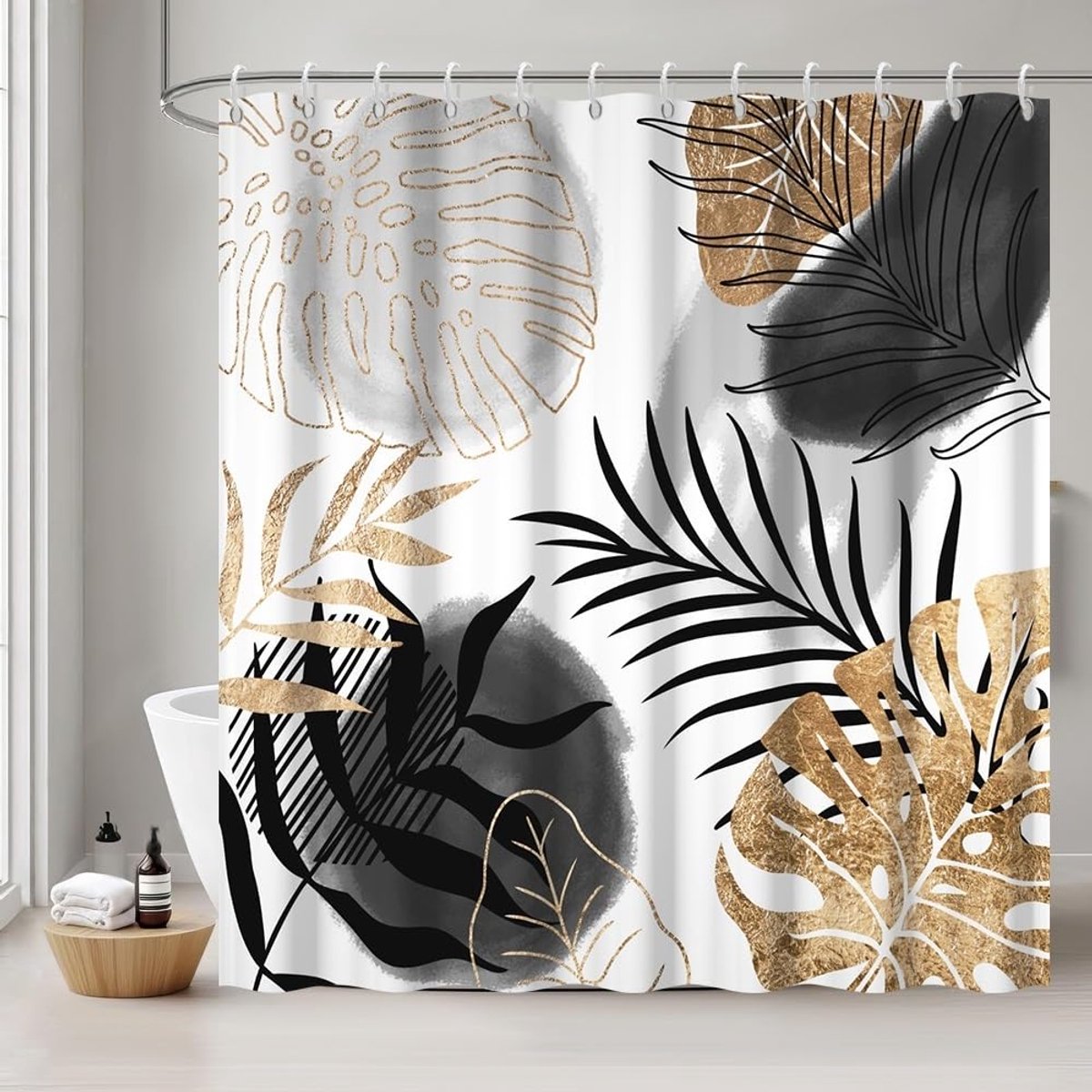 Douchegordijn 180 x 180 cm - zwart-grijs met palmbladeren - schimmelbestendig - waterdicht en wasbaar - ShopVlot