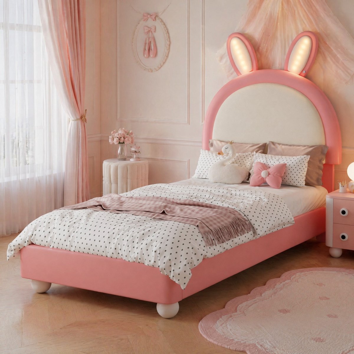Wishdor Kinderbed met LED-lichtstrip - Hasenvormig hoofdeinde - Met lattenbodem - Kunstleer - Roze en wit - 90 x 200 cm