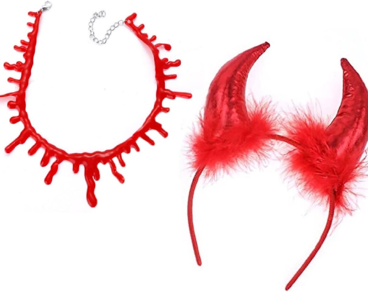 2 Stuks Halloween Duivelse Accessoires met Bloed Druppende Ketting en Rode Demon Hoofdband voor Vampier Kostuum en Cosplay Feestjes