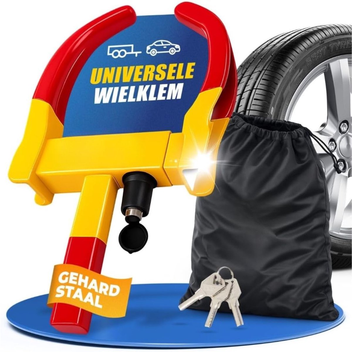 JCP® Wielklem - Wielklem Aanhanger - Voor Auto, Aanhanger, Caravan en Camper - Geel/Rood - 43cm x 25cm x 8cm