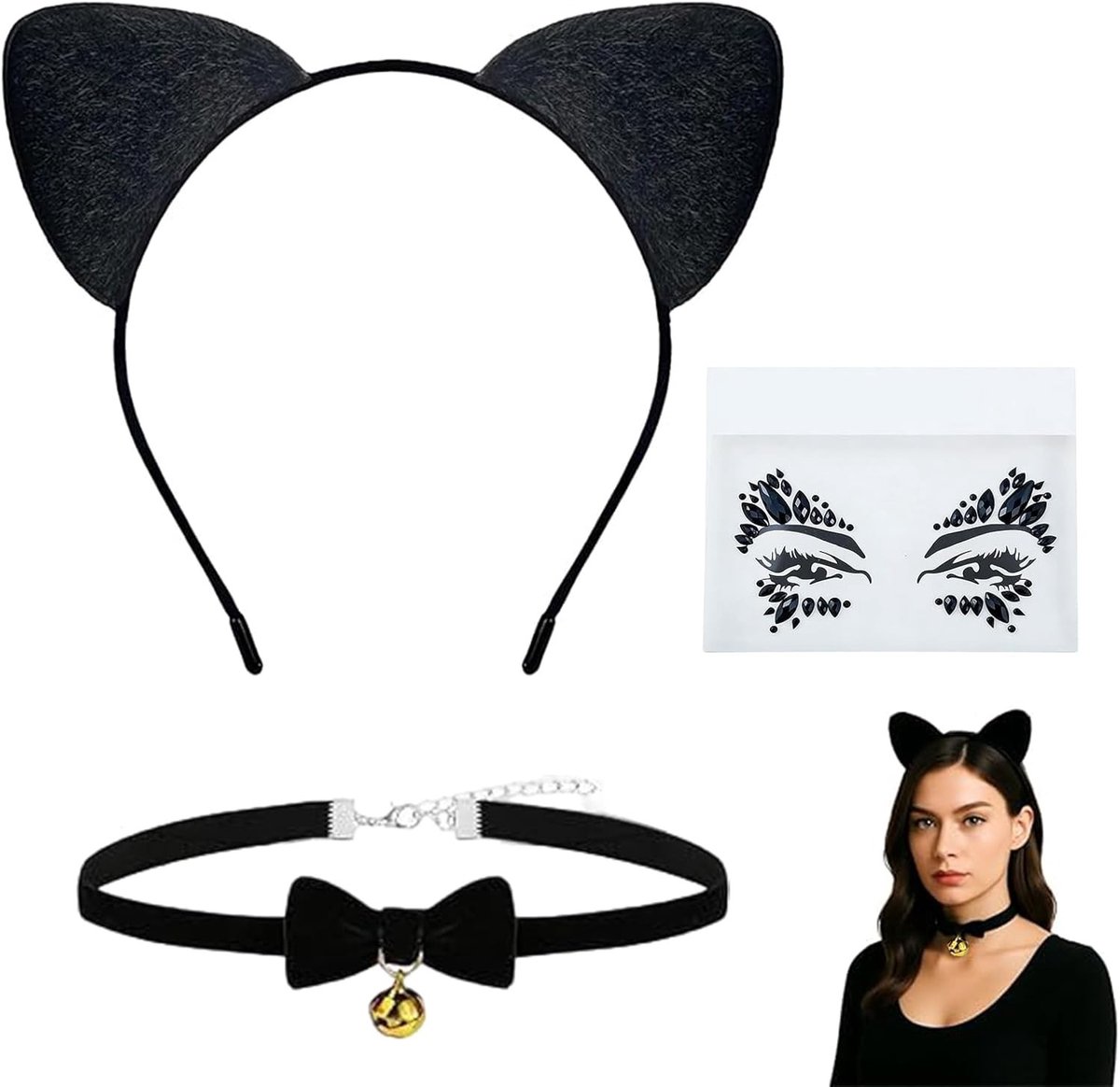 Zwart Kat Kostuum Accessoire Set met Oren, Gezichtsstickers en Strikband voor Vrouwen en Meisjes - Perfect voor Cosplay en Feestjes