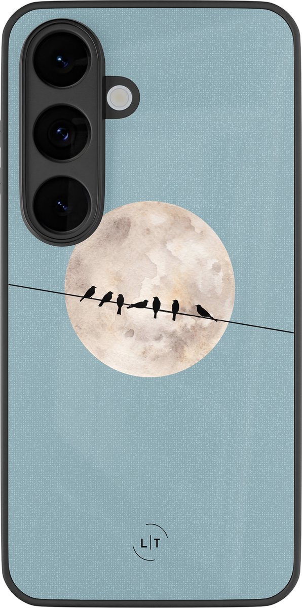 Hoesje geschikt voor Samsung Galaxy S26 - Moon birds - Luxe Glazen Hardcase - Print / Illustratie - Blauw