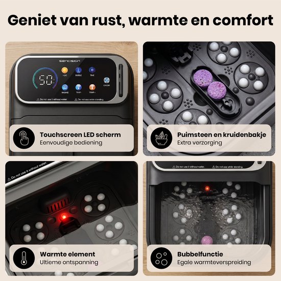 Details voetenbad: touchscreen, puimsteen en kruidenbakje, warmte-element, bubbelfunctie.