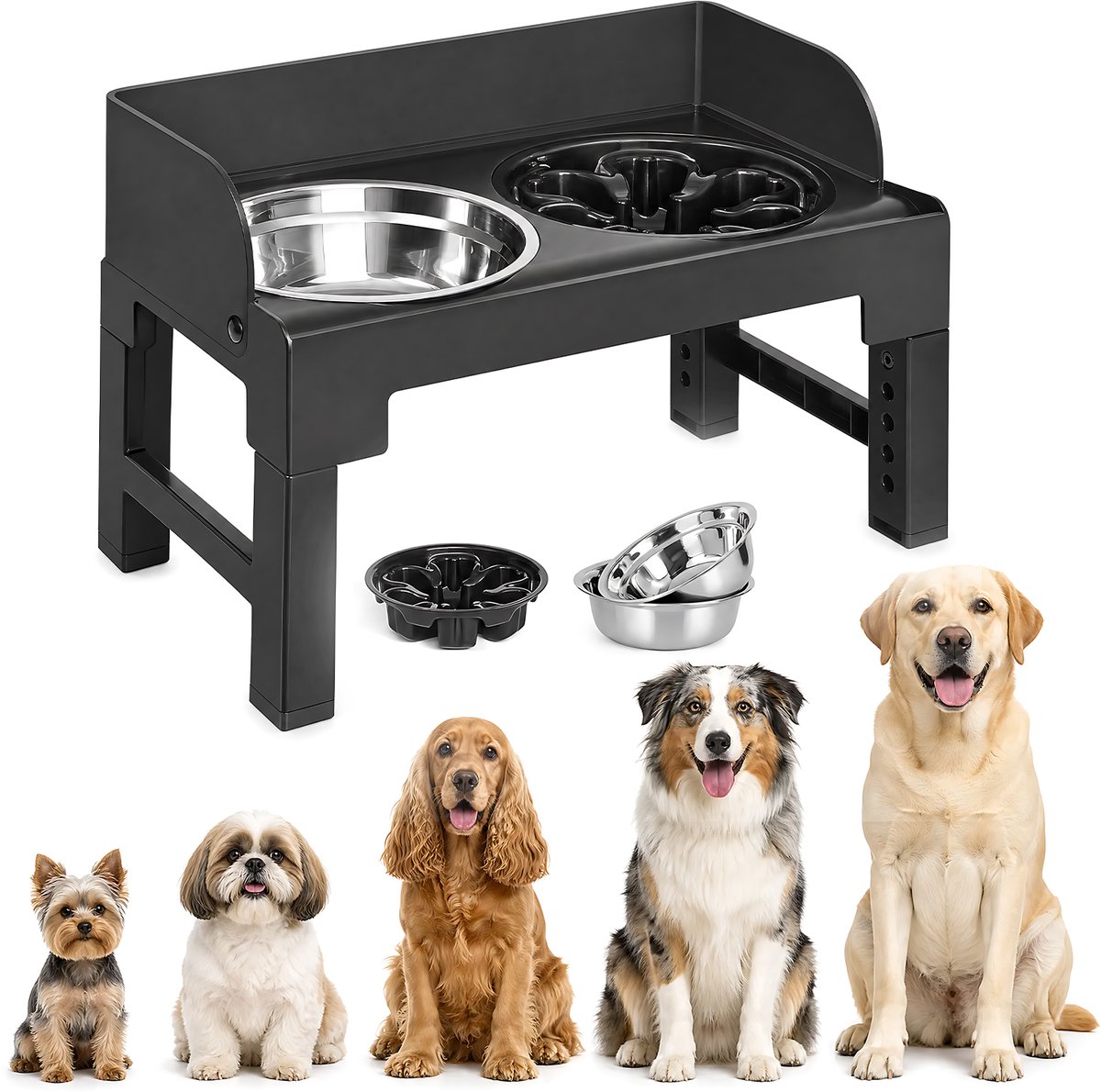 Verhoogde Hondenvoerbak Dubbel - Slow Feeder Hond - RVS Hondenvoerbak Anti-spat - Huisdier Eetbak Verhoogd - Anti-slip Hondenbak Zwart