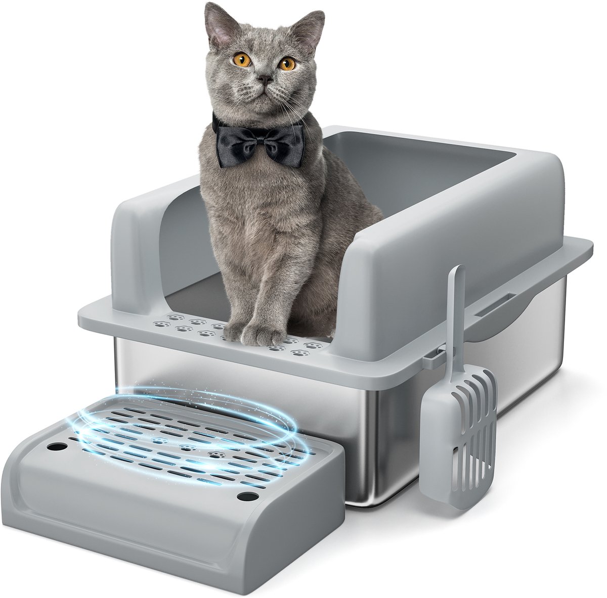 Kattenbak Met Hoge Zijkanten - Deksel, Trap En Strooischep - Lekvrij Geurbestendig Katentoilet - Voor Grote Katten En Meerkattenhuishouden - 60 x 40,6 x 30,5cm