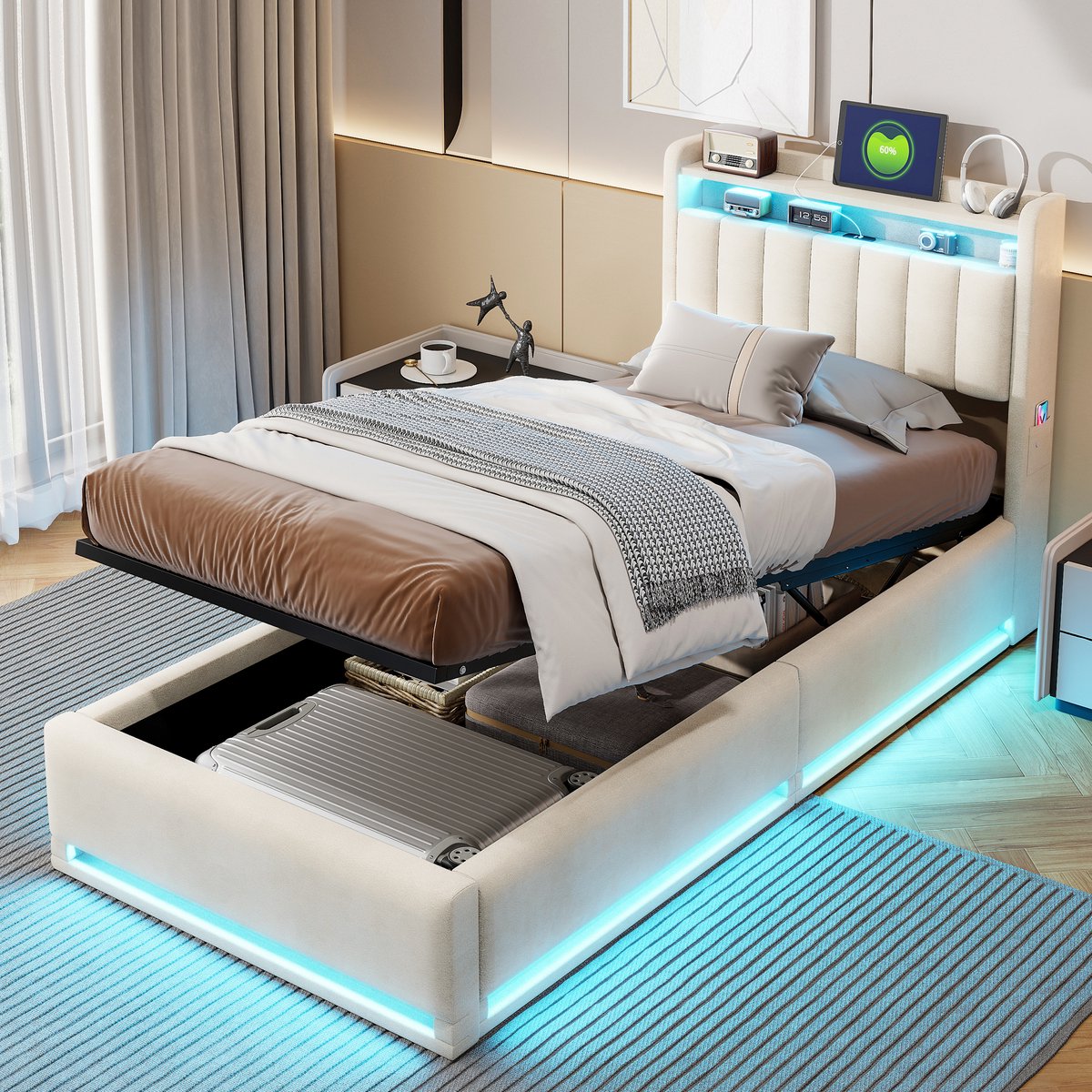SHOPENTRA Opbergbed 90x200 cm crème fluweel met LED, hoofdbord met opbergvak en USB-oplaadpoorten, gestoffeerd bedframe beige