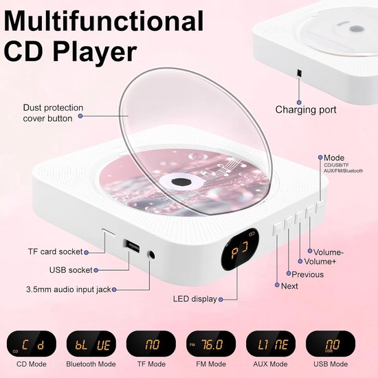 CD-speler met Radio Boombox - Upgrade Bluetooth CD-speler met stofkap en LED-scherm - 3,5 mm AUX-aansluiting met afstandsbediening Home audio FM-radio USB MP3 muziek speler (wit) — afbeelding 2
