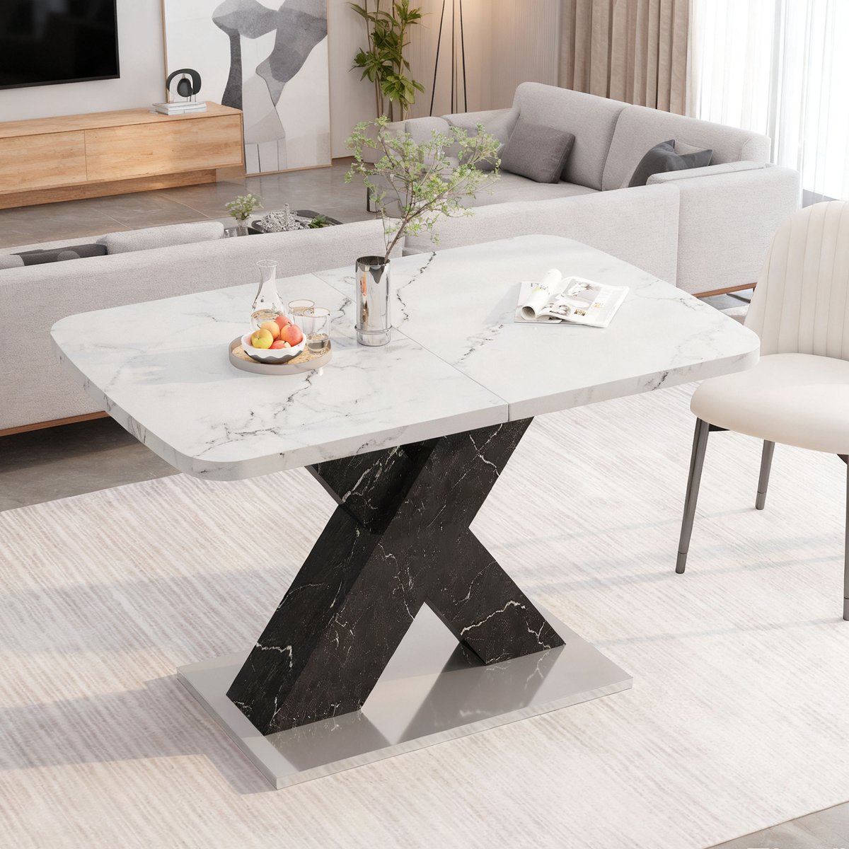 HAUSS SPOLE Eettafel - Uitschuifbaar Rechthoekig - Voor Eetkamer En Keuken - MDF En Staal - 120-160x80x76,5 Cm - Wit Zwart Wit En Zwart