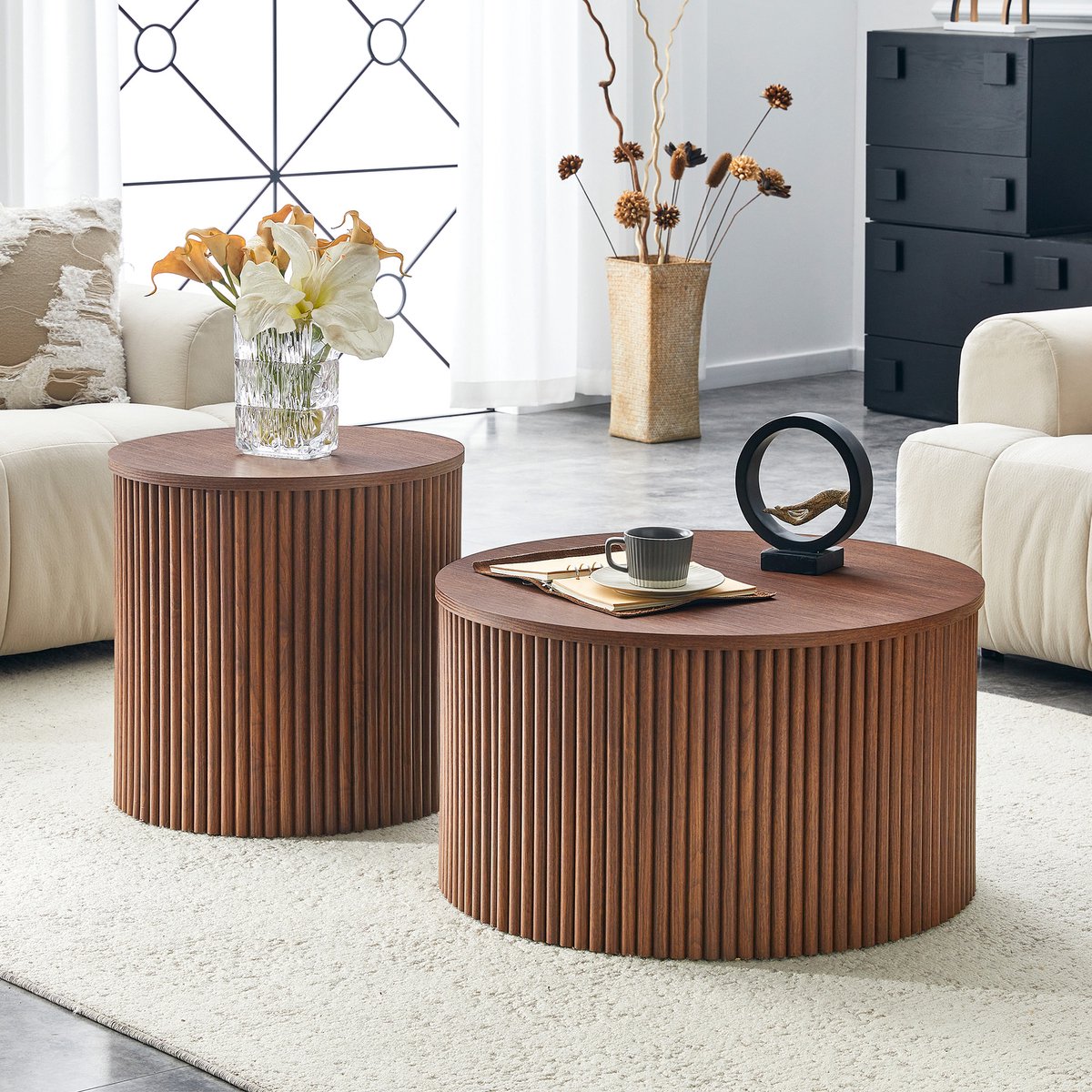HAUSS SPOLE Salontafelset - 2 Delig Met Verborgen Opbergruimte - Rond Voor Woonkamer En Slaapkamer - MDF - Walnootkleur