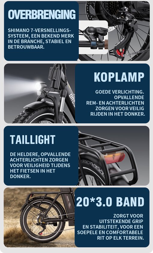 ONESPORT-Opvouwbare elektrische stadsfiets-120 km ondersteuning-816Wh grote accu-20x3.0 inch brede banden-250W stille motor-40Nm koppel-48V17Ah-voor-achter schijfrem-vering-bluetooth-Zwart — afbeelding 3