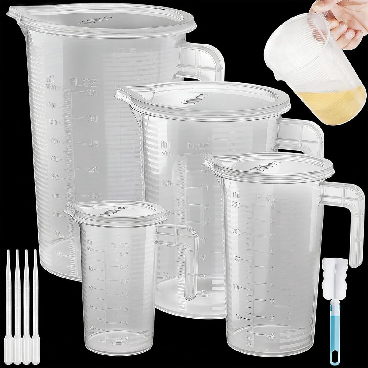 Set van 4 Maatbekers - Kunststof - Herbruikbaar - Met Deksels en Pipetten - Voor Keuken en Laboratorium