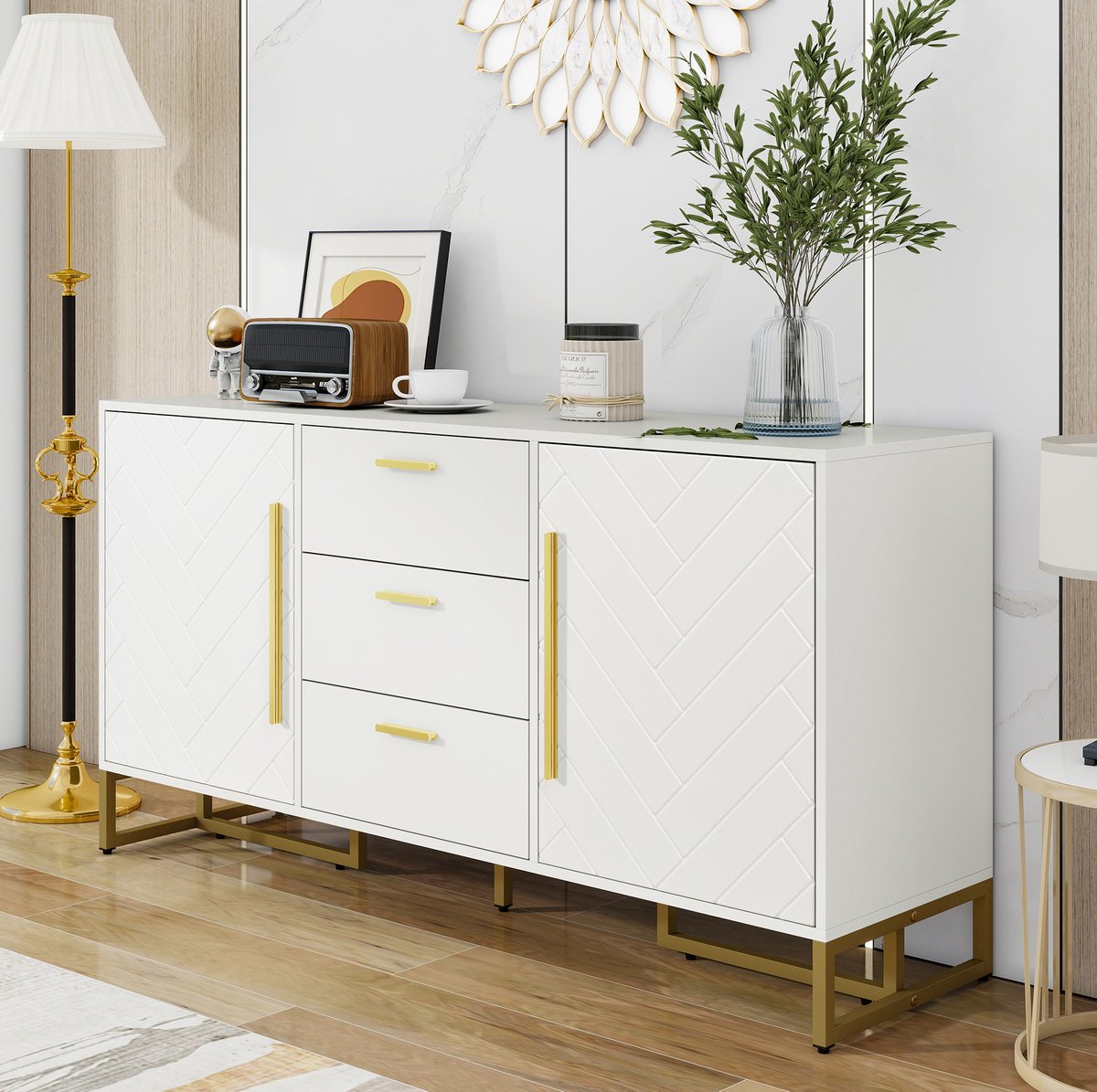 MEUNIQ Dressoir 145 x 40 x 75 cm met 2 deuren, 3 lades en 2 verstelbare planken, sideboard voor woonkamer, eetkamer of keuken, wit