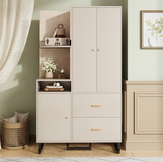 MEUNIQ kledingkast en halmeubel 110 x 38 x 186 cm met open vakken, hanggedeelte, 2 lades en deuren, garderobekast voor hal, entree of slaapkamer, beige en grijs