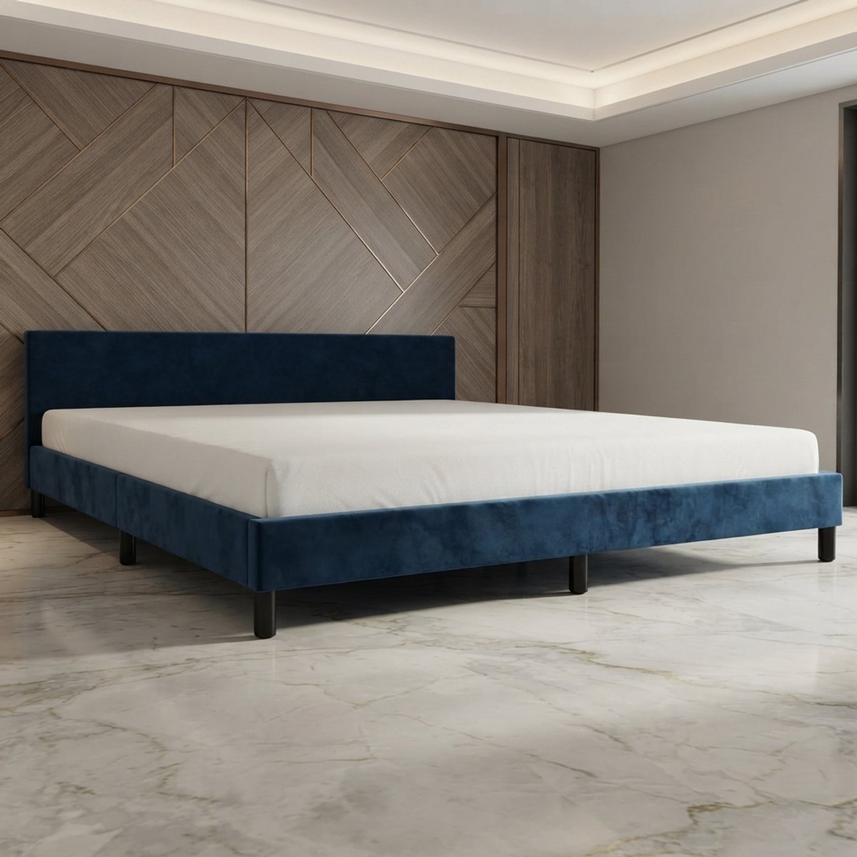 Luxe Gestoffeerd Fluwelen Tweepersoonsbed 180x200 cm met Hoofdbord en Lattenbodem - Donkerblauw - Novihomestore
