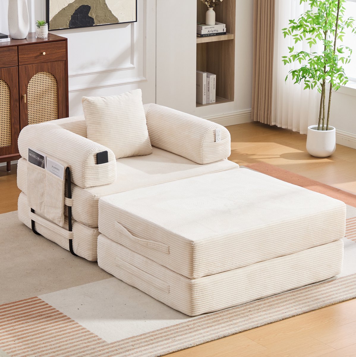 DESMIU Fauteuil 112 x 190 x 67 Cm - Met Hocker, Ergonomisch En Zonder Montage - Voor Woonkamer En Slaapkamer - Corduroy Beige