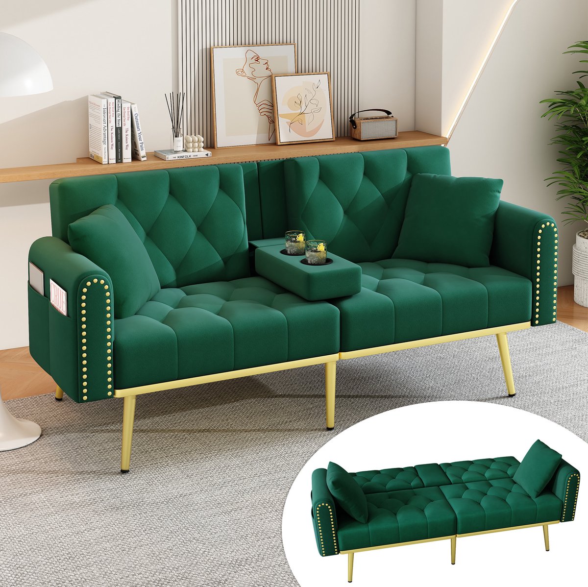 DESMIU Slaapbank 175 x 80 x 73,5 cm - Uitklapbaar Met Verstelbare Rugleuning En Drankhouder - Voor Woonkamer En Slaapkamer - Velvet Groen
